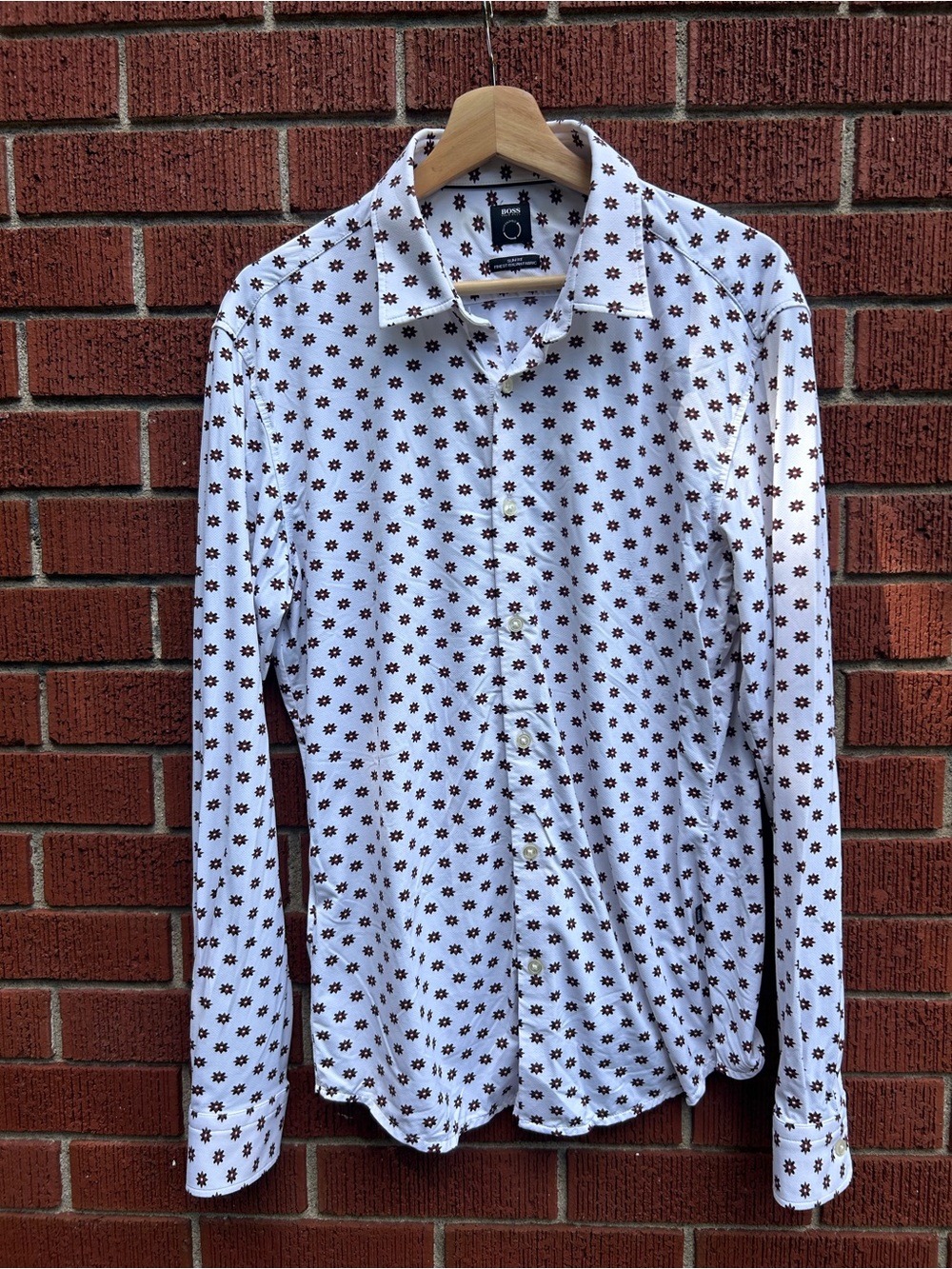 Hugo Boss Slim Fit Geometric Print Dress Shirt White Brown Men’s L